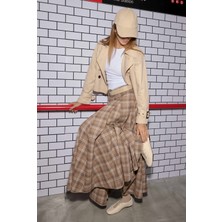 Volanlı Ekose Etek Bej