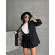 Iç Leopar Desenli Siyah Blazer Ceket