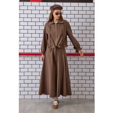 Parçalı Helen Etek Tozlu Kahve