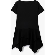 Kayık Yuvarlak Yaka Kısa Kollu Asimetrik Kesim Mini Tişört Elbise