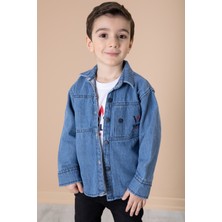 Mavi Yazı Baskılı Bisiklet Yaka Tişörtlü Erkek Çocuk Jean Gömlek 20078