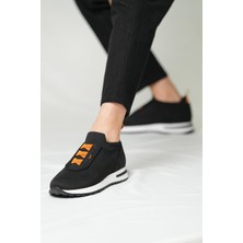 Elly Model Hakiki Deri El Yapımı Siyah Turuncu Triko Sneaker Ayakkabı