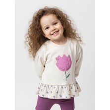 Kız Çocuk Oversize Çiçek Baskılı Pamuklu Ekru Sweatshirt