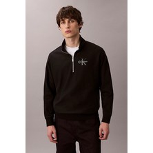 Erkek Rahat Kalıp Yarım Fermuarlı Yüksek Yaka Sweatshirt - Siyah