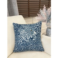Brillant Mavi Renk Leopar Desenli Dokuma Kumaş Kırlent Kılıfı 45X45