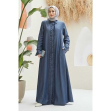 6615-DENIM Fırfırlı Ferace Koyu Mavi