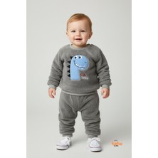 Erkek Çocuk Dinozor Nakışlı 2’li Peluş Polar Pijama Takımı Ev ve Günlük Giyim Seti Eşofman Takımı