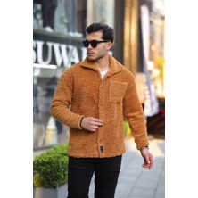 Erkek Trend Düğmeli Hardal Peluş Ceket