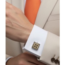 1001 Kravat Kahverengi Bej Tonlarında Kare Çiçek Desenli Metal Kol Düğmesi