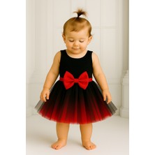 Kız Bebek Astarlı Önü Tokalı Beli Lastikli Üst Katman Siyah Alt Katman Kırmızı Kabarık Tütü Etek