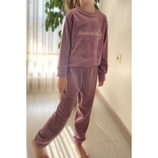 Kız Çocuk Mor Uzun Kol Kışlık Kadife Bisiklet Yaka Pijama Takımı 10E-2355