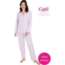Bie's Kadın Lila V Yaka Önden Düğmeli %100 Pamuk Uzun Kol Cepli Pijama Takımı