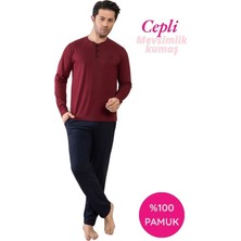 Bie's Erkek Bordo 3 Düğmeli %100 Pamuk Mevsimlik Uzun Kol Cepli Pijama Takımı