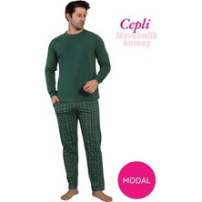 Bie's Erkek Yeşil Bisiklet Yaka Düğmesiz Ekose Desen Modal Mevsimlik Uzun Kol Manşetli Cepli Pijama Takımı