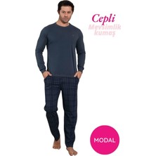 Bie's Erkek Gri Bisiklet Yaka Düğmesiz Ekose Desen Modal Mevsimlik Uzun Kol Manşetli Cepli Pijama Takımı