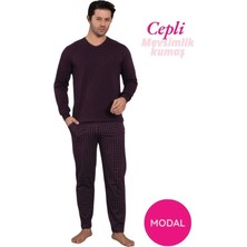 Bie's Erkek Mürdüm Bisiklet Yaka Düğmesiz Ekose Desen Modal Mevsimlik Uzun Kol Manşetli Cepli Pijama Takımı