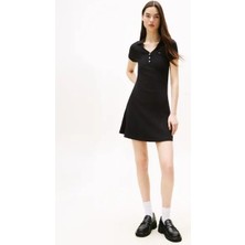 Tommy Hılfıger Kadın Marka Logolu Fitilli Ön Düğmeli Mini Günlük Kullanıma Uygun Siyah Elbise DW0DW21172 Bds