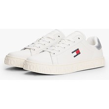Tommy Hılfıger Kadın Marka Logolu Kalın Tabanlı Elastık Bağcıklı Günlük Kullanıma Uygun Beyaz-Gümüş Sneaker EN0EN02703 0k7