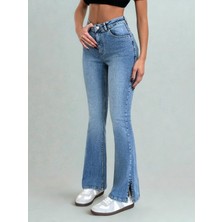 Polo State Kadın Yırtmaçlı Ispanyol Paça Jeans Mavi Basic Denim 5 Cep ile Rahat ve Şık Tasarım