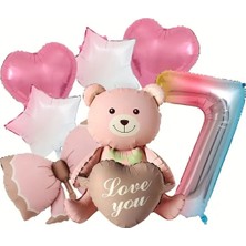 Pembe Otruran Ayı Folyo Balonlu Doğum Günü Yaş Balon Set
