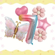 Pembe Kelebek, Papatya ve Kalp Balonlu Doğum Günü Folyo Balon Set