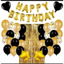 Gold Happy Bırthday Folyo Set Siyah ve Şeffaf Balonlu Doğum Günü Seti