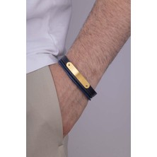 Gümüş Pazarım Altın Kaplama Çelik Aparatlı Lacivert Deri Erkek Bileklik