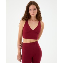 Ayma Active Kırmızı Organik Pamuk Dekolteli Göğüs Pedli Çapraz Askılı Crop Halter Büstiyer