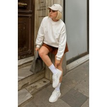 Fashion Friends Bisiklet Yaka Taşlı Ekru Kadın Sweatshirt 25K0099K1