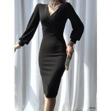 Moda Feminen Kruvaze Yaka Uzun Kollu Ithal Krep Kumaş Midi Boy Abiye Elbise