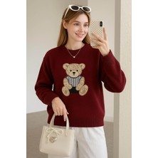 Fashion Friends Bisiklet Yaka Nakışlı Bordo Kadın Kazak 25K0314K1
