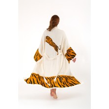 Müslin Kimono %100 Pamuklu Kaplan Baskılı Desenli Bornoz Kaftan Sabahlık