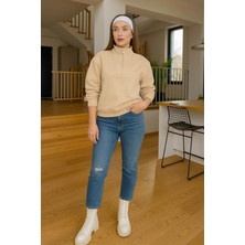 Fashion Friends Fermuarlı Kamyoner Yaka Bej Kadın Sweatshirt 25K0166K1