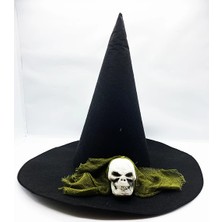 Siyah Renk Yeşil Duvaklı Kuru Kafa Temalı Cadı Şapkası 35X38 cm