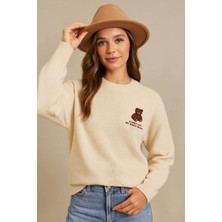 Fashion Friends Bisiklet Yaka Nakışlı Ekru Kadın Kazak 25K0313K1