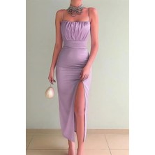 Moda Feminen Ince Askılı Göğüs Drapeli Saten Elbise Gül Kurusu 583217
