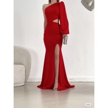 Moda Feminen Tek Kol Derin Yırtmaçlı Krep Gece Elbisesi Abiye 582286 Kirmizi