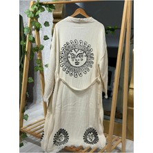 Müslin Kimono %100 Pamuklu Güneş Baskılı Desenli Bornoz Kaftan Sabahlık