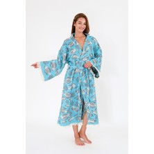 Müslin Kimono %100 Pamuklu Balık Desenli Jakarlı Bornoz Kaftan Sabahlık