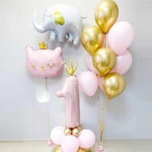 Pembe Kedi Fil Folyolu Yaş Balon Seti