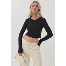 Hiccup Kadın Esnek Bisiklet Yaka Uzun Kollu Kısa Üst Busem Collection Siyah