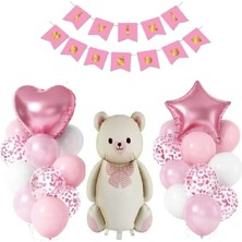 Pembe Renk Iyiki Doğdun Fiyonklu Ayı Folyolu Balon Set