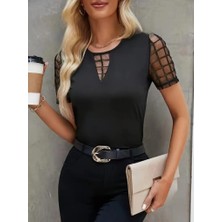 Hanzone Kadın Kısa Kollu Yakası Açık Damla Ağ Tül Detaylı Viskon Bluz