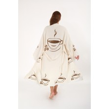 Müslin Kimono %100 Pamuklu Coffee Kahve Baskılı Desenli Bornoz Kaftan Sabahlık