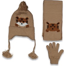 Ayıcık Baskılı Içi Polarlı Kulakları Kapatan Bere Atki Eldiven Set Erkek Çocuk Set 4-8 Yaş