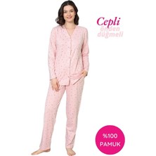 Kadın V Yaka Önden Düğmeli %100 Pamuk Uzun Kol Cepli Pijama Takımı