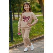 Kız Çocuk 3 Iplik Içi Şardonlu Alt Üst Eşofman Takımı Kurdele Baskılı