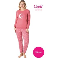 Bie's Kadın Pembe Bisiklet Yaka Düğmesiz Kışlık Termal Bilek Manşetli Jogger Uzun Kol Cepli Pijama Takımı