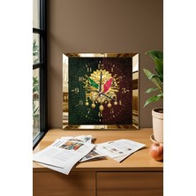 Gold Çerçeveli Yeşil ve Turuncu Motifli Osmanlı Tuğrası Temalı Dekoratif Mdf Duvar Saati