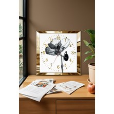 Gold Çerçeveli Siyah Çiçek Temalı Dekoratif Mdf Duvar Saati